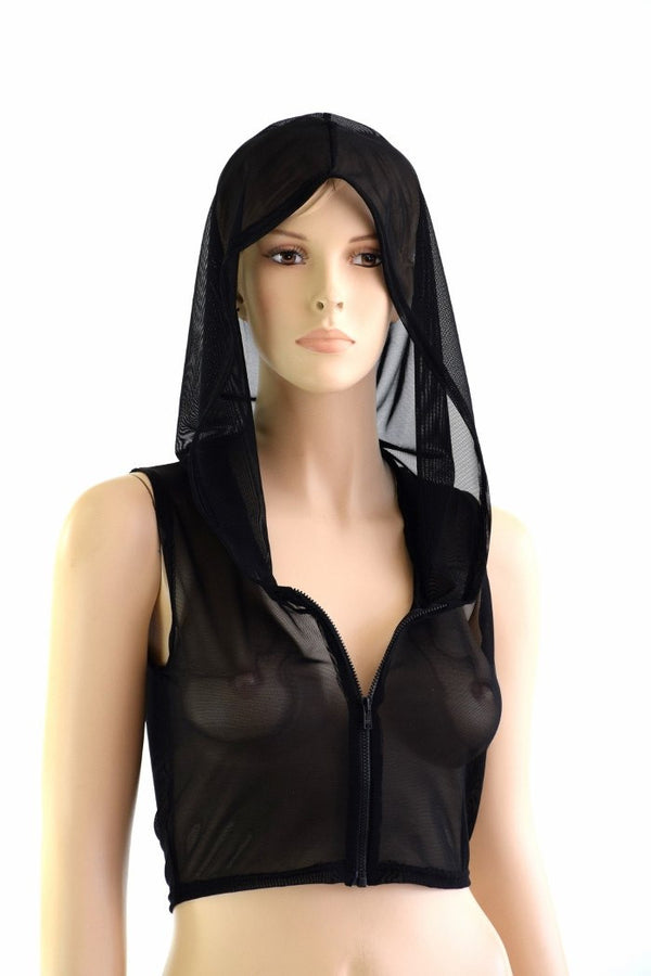 Sleeveless Zipper Mesh Crop Hoodie - 2