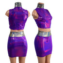 Small Ready to Ship Purple Crop Top & Bodycon Skirt Set with Silver Holo Trim - Coquetry Clothing