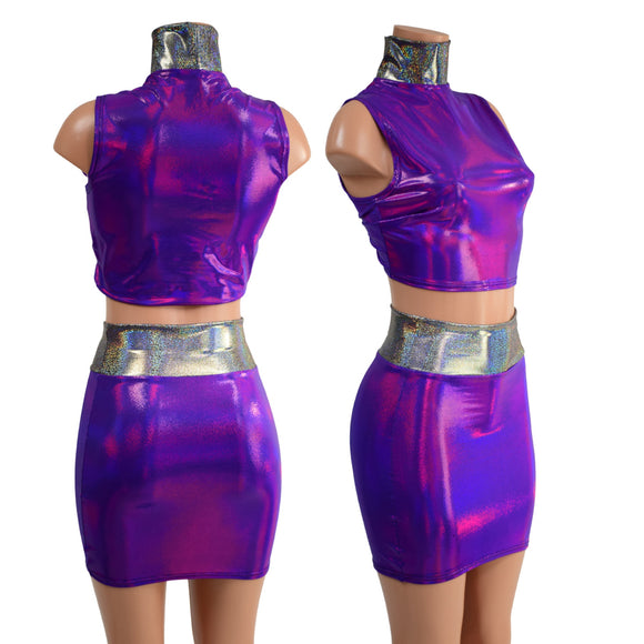 Small Ready to Ship Purple Crop Top & Bodycon Skirt Set with Silver Holo Trim - Coquetry Clothing