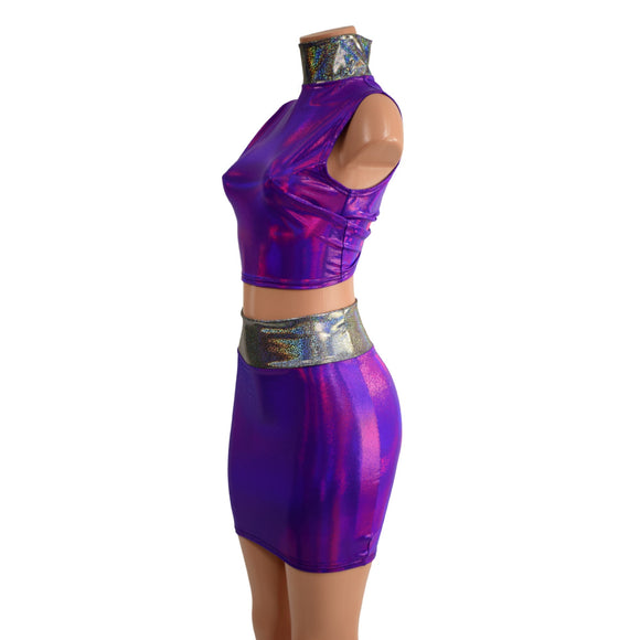 Small Ready to Ship Purple Crop Top & Bodycon Skirt Set with Silver Holo Trim - Coquetry Clothing