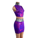 Small Ready to Ship Purple Crop Top & Bodycon Skirt Set with Silver Holo Trim - Coquetry Clothing