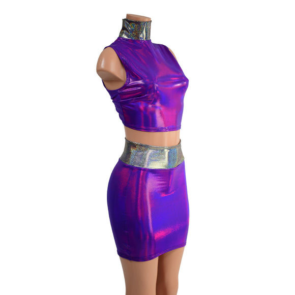 Small Ready to Ship Purple Crop Top & Bodycon Skirt Set with Silver Holo Trim - Coquetry Clothing
