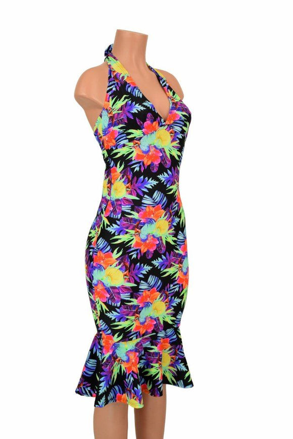 Sonic Bloom Ruffled Halter Wiggle Dress - Coquetry Clothing