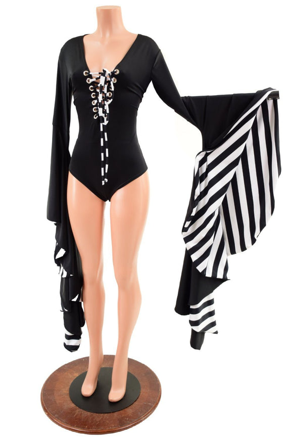 Sorceress Sleeve Romper with Plunging Lace Up Neckline - Coquetry Clothing