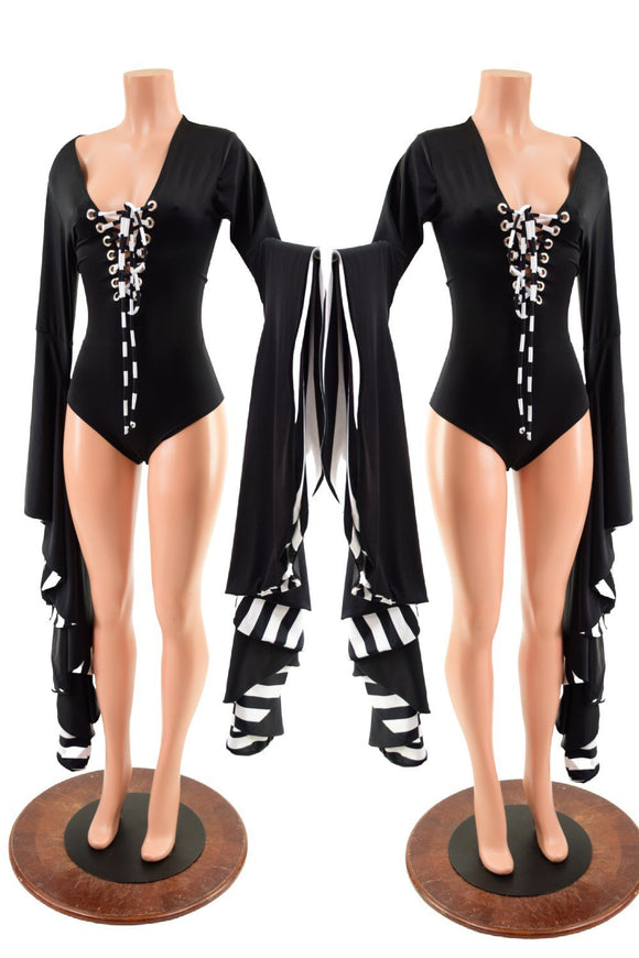 Sorceress Sleeve Romper with Plunging Lace Up Neckline - Coquetry Clothing