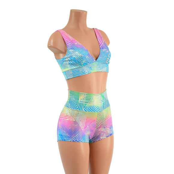 Spectrum Holographic Starlette Bralette & High Waist Shorts Set - Coquetry Clothing