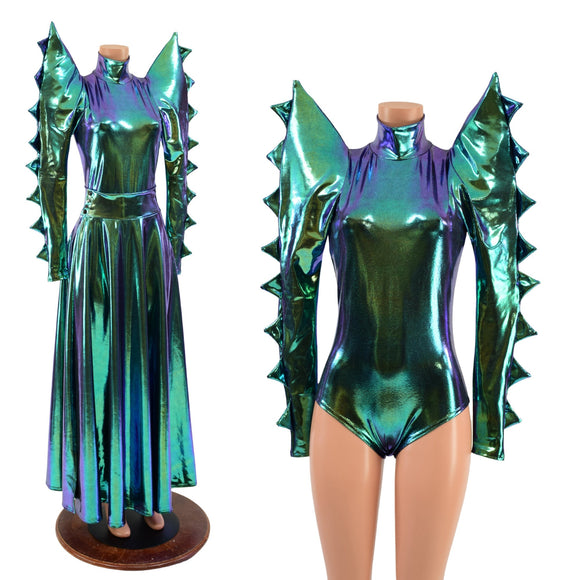 Spiked Mega Sharp Shoulder Romper and Breakaway Skirt Faux Gown Set - Coquetry Clothing