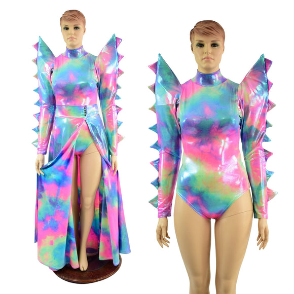 Spiked Mega Sharp Shoulder Romper and Breakaway Skirt Faux Gown Set - Coquetry Clothing