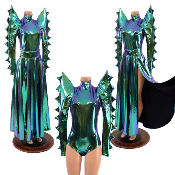 Spiked Mega Sharp Shoulder Romper and Breakaway Skirt Faux Gown Set - Coquetry Clothing