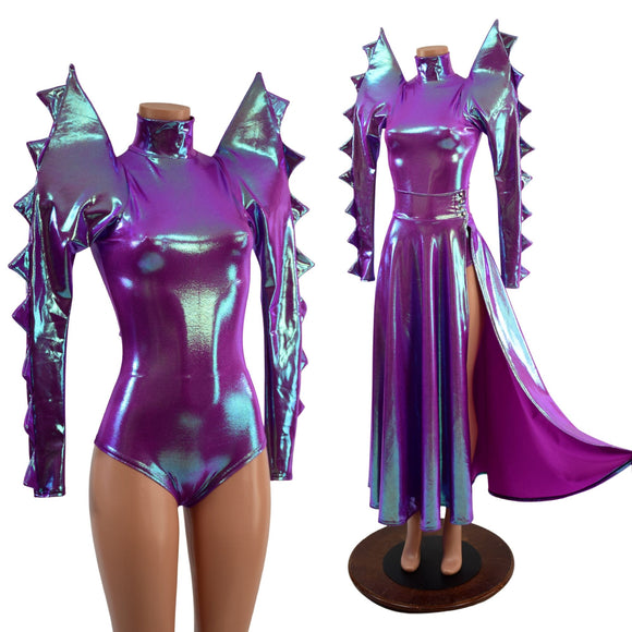 Spiked Mega Sharp Shoulder Romper and Breakaway Skirt Faux Gown Set - Coquetry Clothing