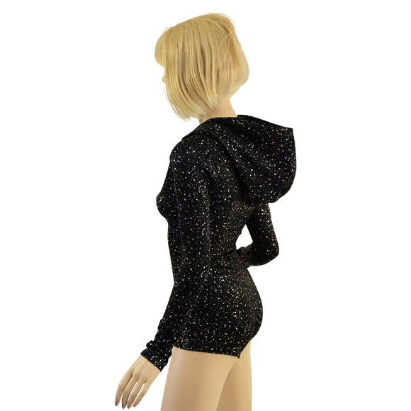 Star Noir Hooded Romper with Silver Front Zipper, Long Sleeves & Boy Cut Leg - Coquetry Clothing