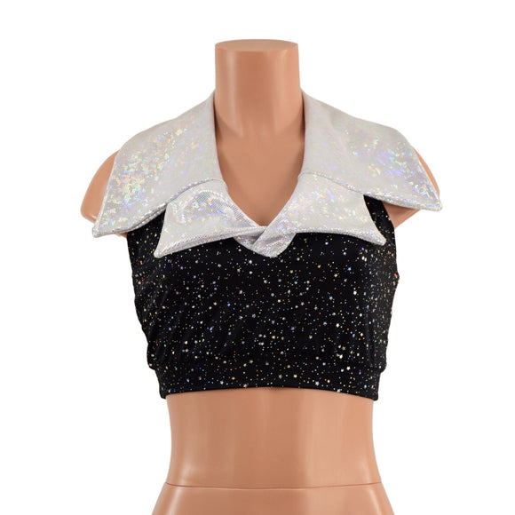 Star Noir Mini Backless Crop with White Kaleidoscope Showtime Collar - Coquetry Clothing