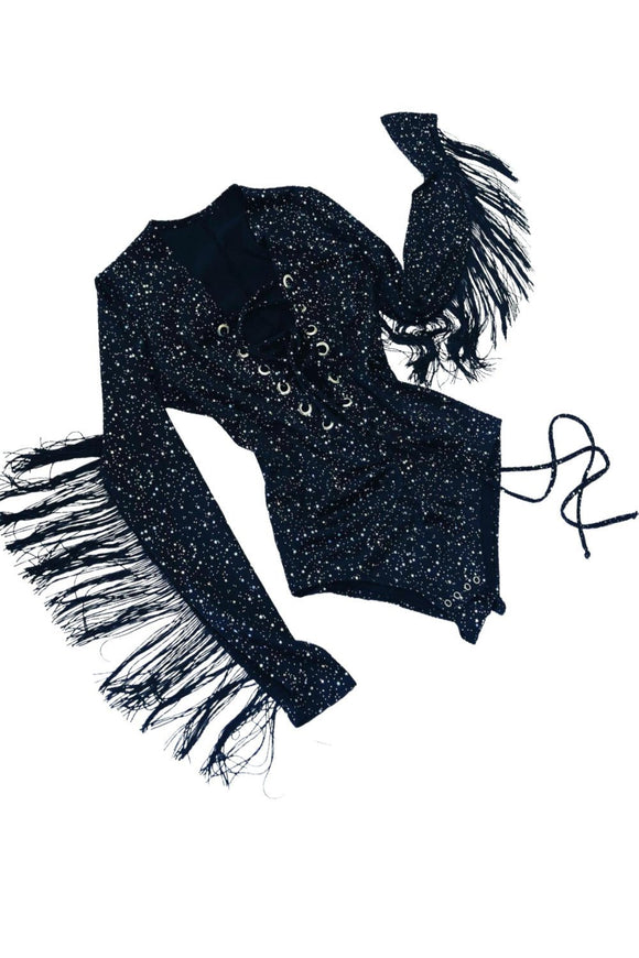 Star Noir Plunging V Laceup Romper with Fringe - Coquetry Clothing