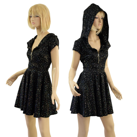 Star Noir Zipper Front Hooded Skater Dress with Cap Sleeves - Coquetry Clothing