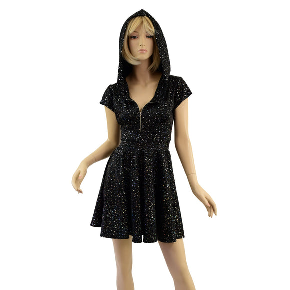 Star Noir Zipper Front Hooded Skater Dress with Cap Sleeves - Coquetry Clothing