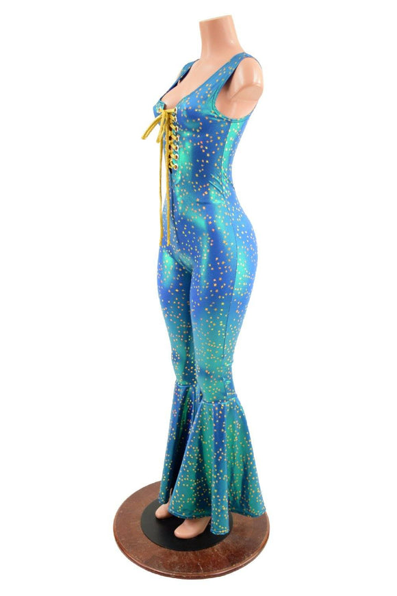 Stardust Catsuit with Bell Bottoms and Laceup Neckline - Coquetry Clothing