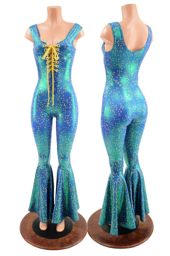 Stardust Catsuit with Bell Bottoms and Laceup Neckline - Coquetry Clothing