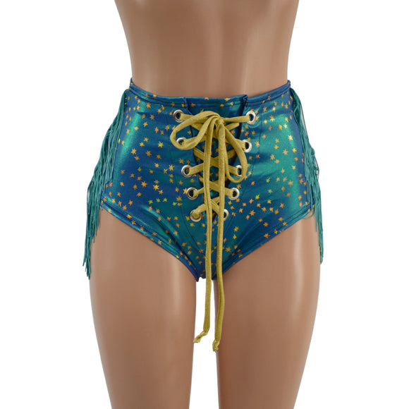 Stardust Laceup Front Siren Shorts with Dusty Jade Fringe - Coquetry Clothing