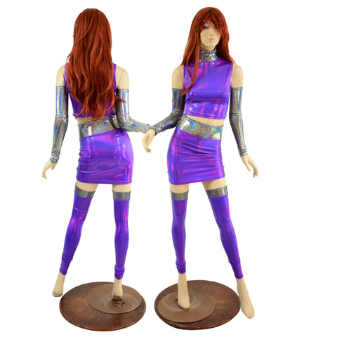 6PC Purple Crop Top & Skirt Set with Silver Holo Trim and Arm & Leg Warmers - Coquetry Clothing