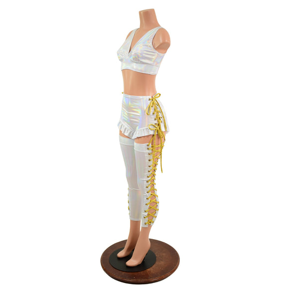 Starlette Bralette, Lace Up Ruffle Leg Siren Shorts, & Lace Up Leg Warmer Set - Coquetry Clothing