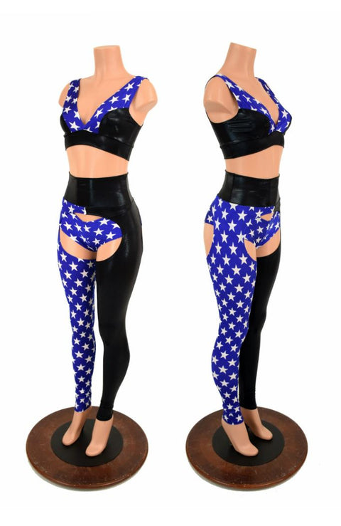 3PC Black & Blue and White Star Chaps Set - Coquetry Clothing