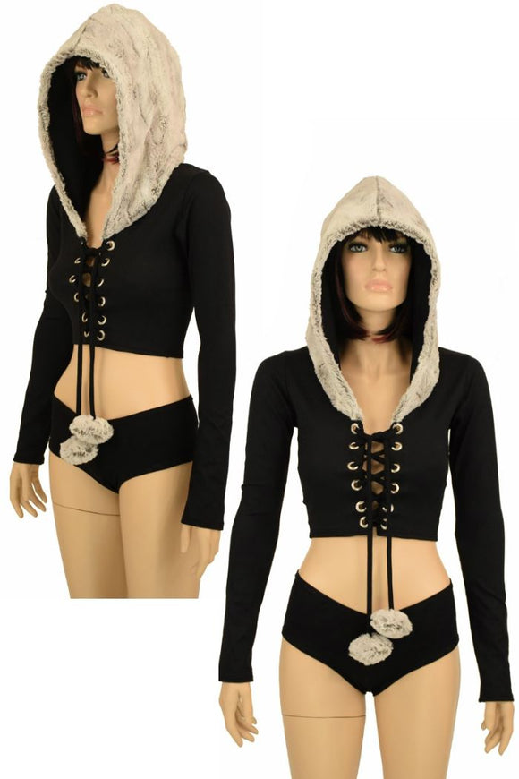 Sterling Minky Lace Up Crop with Pom Poms - Coquetry Clothing