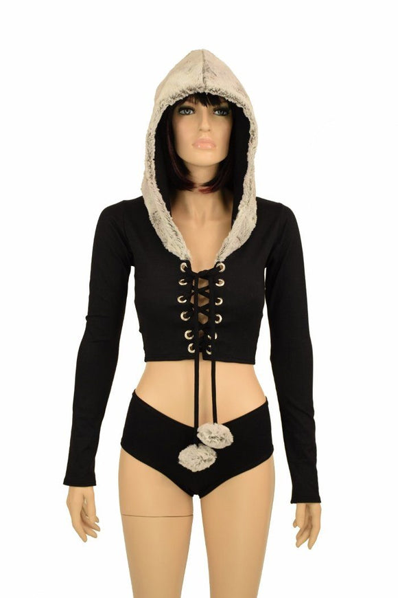 Sterling Minky Lace Up Crop with Pom Poms - Coquetry Clothing