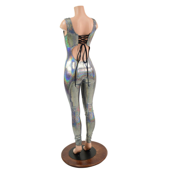 Strappy Back Tank Catsuit in Silver Holographic - Coquetry Clothing