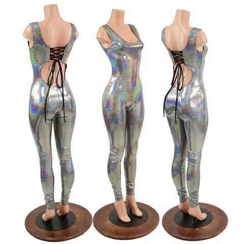 Strappy Back Tank Catsuit in Silver Holographic - Coquetry Clothing