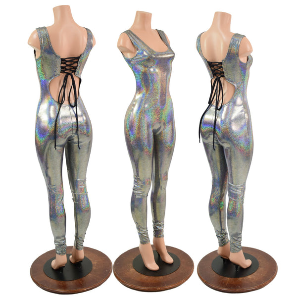 Strappy Back Tank Catsuit in Silver Holographic - 1