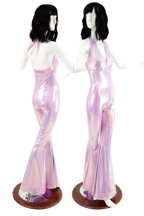 Monroe Halter Catsuit with Solar Flare Leg in Lilac Holographic - Coquetry Clothing