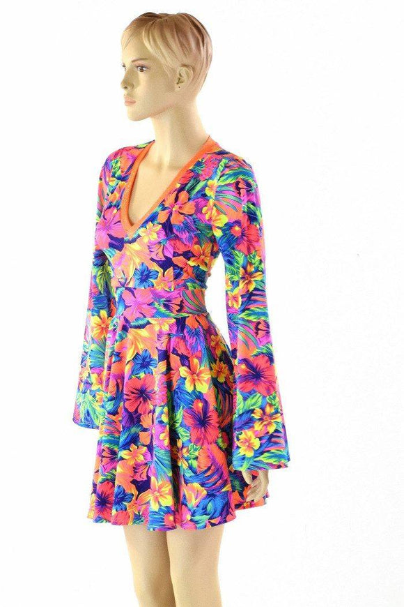 Tahitian Floral V Neck Skater Dress - Coquetry Clothing