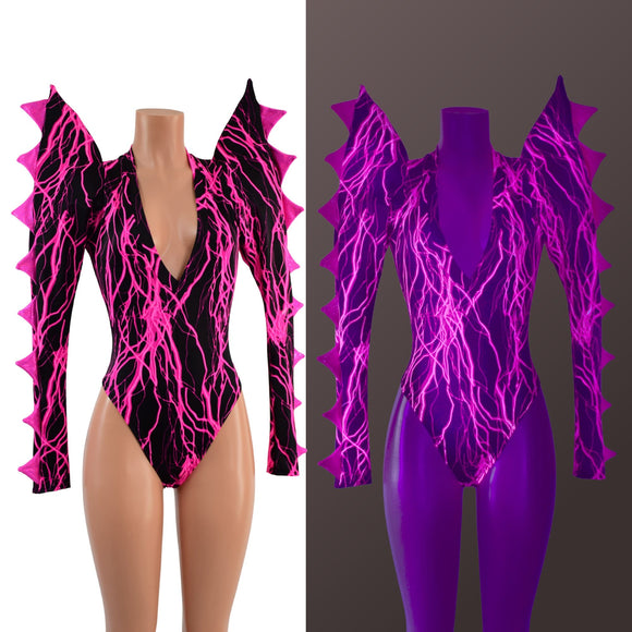 The Triple Threat Romper in Neon Pink Lightning with Brazilian Cut Leg - Coquetry Clothing