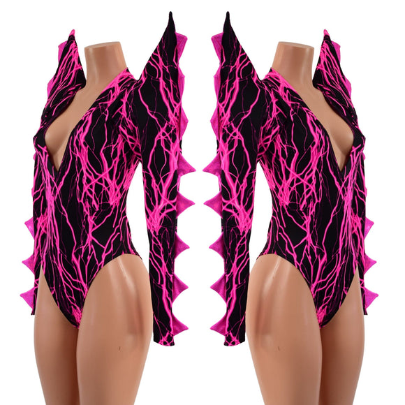 The Triple Threat Romper in Neon Pink Lightning with Brazilian Cut Leg - Coquetry Clothing