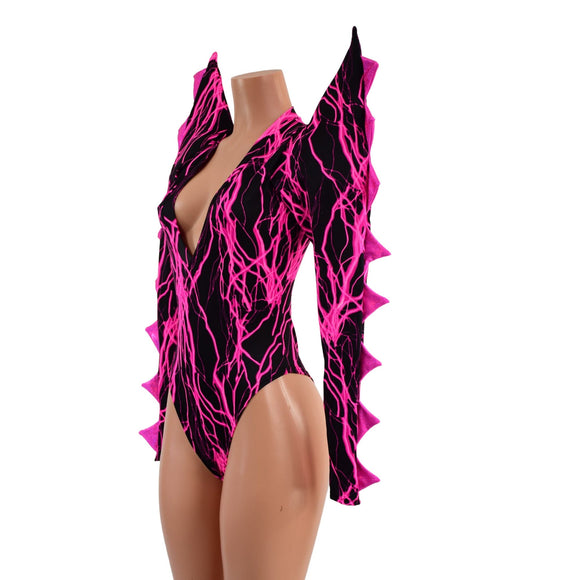 The Triple Threat Romper in Neon Pink Lightning with Brazilian Cut Leg - Coquetry Clothing