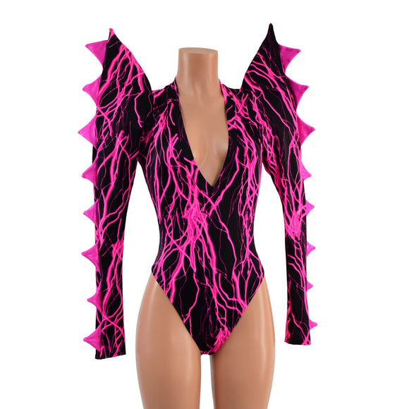 The Triple Threat Romper in Neon Pink Lightning with Brazilian Cut Leg - Coquetry Clothing