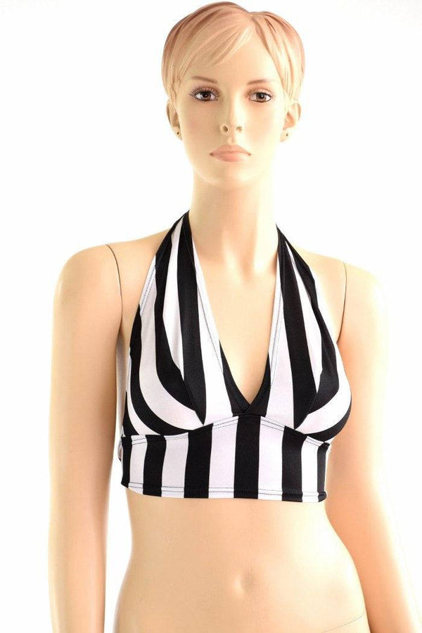 Tie Back Halter Top in Black & White Stripe - 4