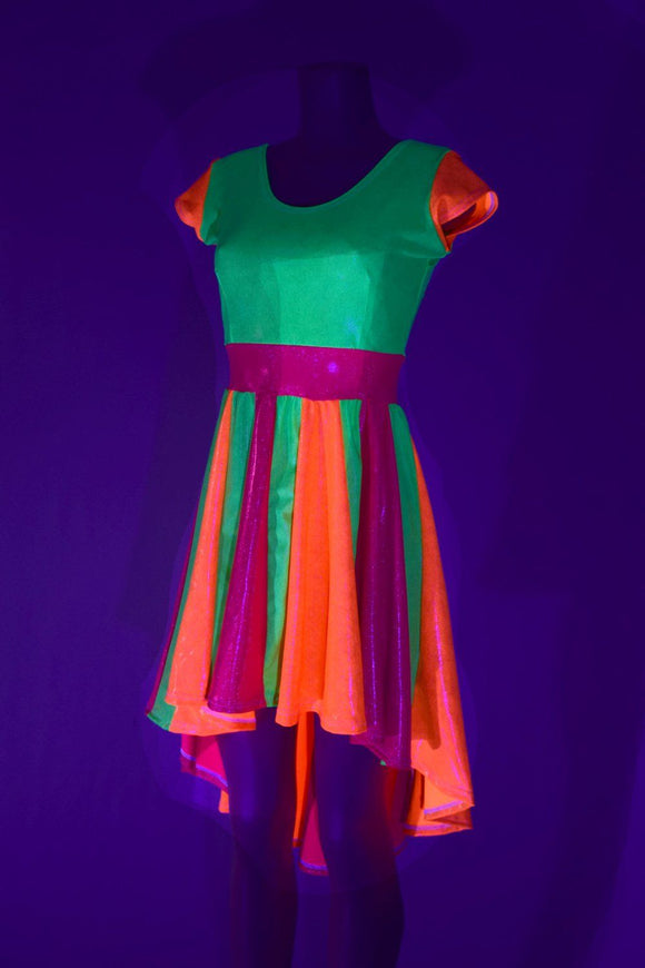 Tri Color Neon Pinwheel Hi Lo Skater Dress - Coquetry Clothing