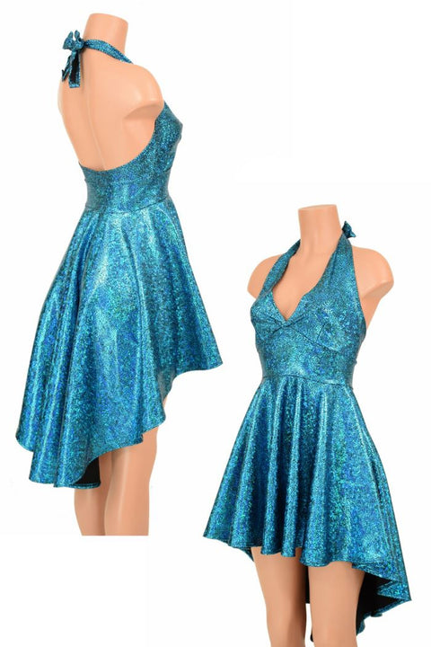 Turquoise Shattered Glass Hi Lo Halter Skater Dress - Coquetry Clothing