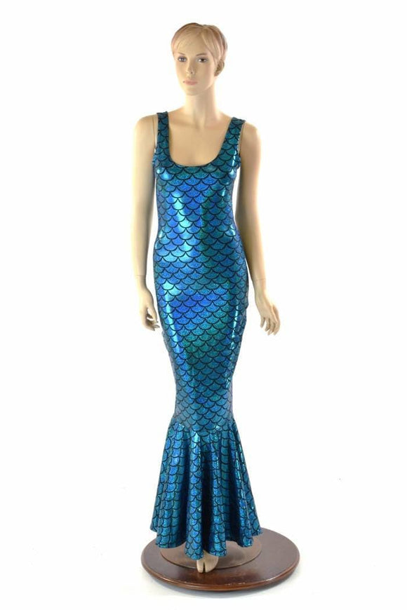 Turquoise Dragon Scale Gown with Fishtail Hemline - Coquetry Clothing