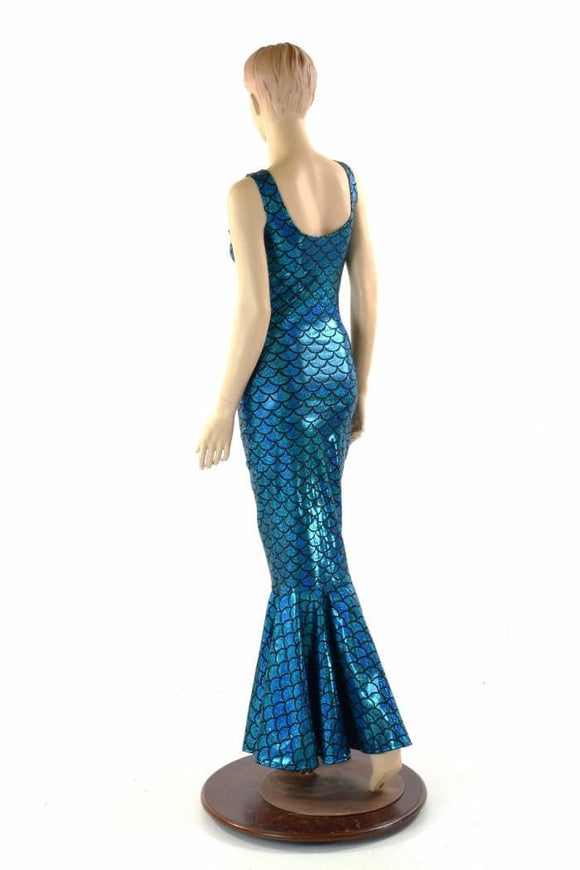 Turquoise Dragon Scale Gown with Fishtail Hemline - Coquetry Clothing