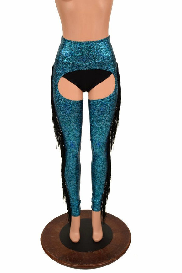Turquoise Holographic Fringe Chaps - Coquetry Clothing
