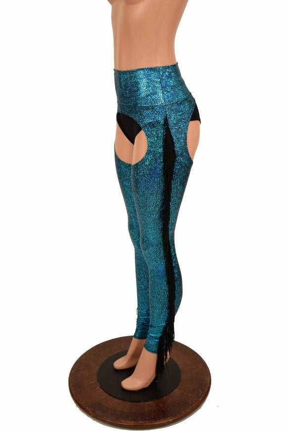Turquoise Holographic Fringe Chaps - Coquetry Clothing