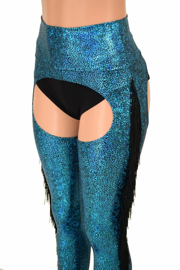 Turquoise Holographic Fringe Chaps - Coquetry Clothing