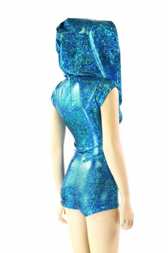 Turquoise Holographic Hoodie Romper - Coquetry Clothing