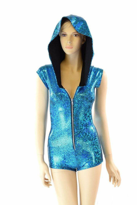 Turquoise Holographic Hoodie Romper - Coquetry Clothing
