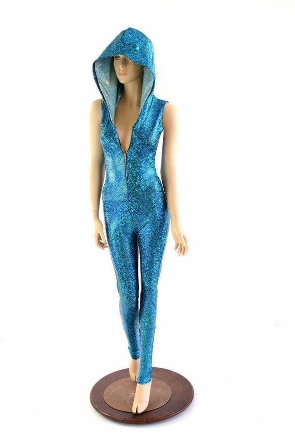 Turquoise Holographic Zipper Hoodie Catsuit - Coquetry Clothing