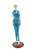 Turquoise Holographic Zipper Hoodie Catsuit - Coquetry Clothing