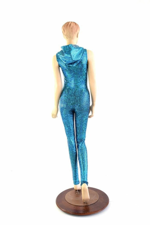 Turquoise Holographic Zipper Hoodie Catsuit - Coquetry Clothing