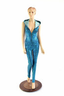 Turquoise Holographic Zipper Hoodie Catsuit - Coquetry Clothing